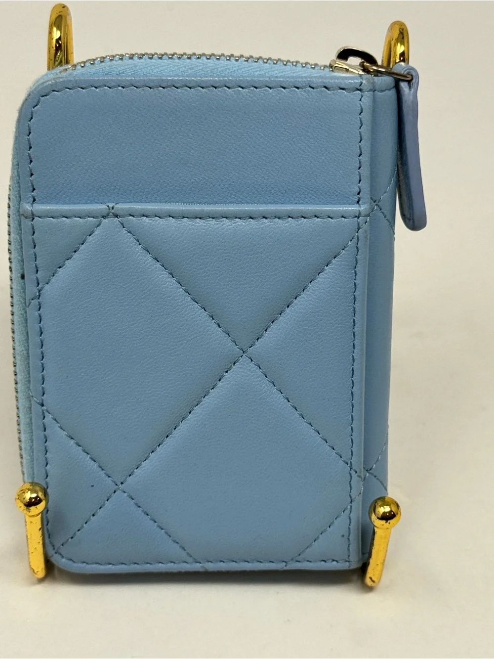 💎💯Authentic CHANEL 19 Lambskin Quilted Vertical Zip Card Holder Wallet Light Blu